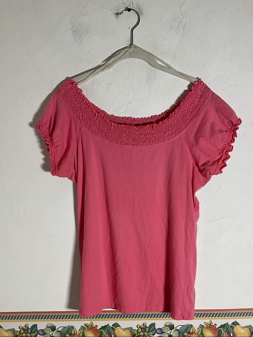 Essentials by A.B.S. Pink Smocked Off the Shoulder Cotton Top Size L